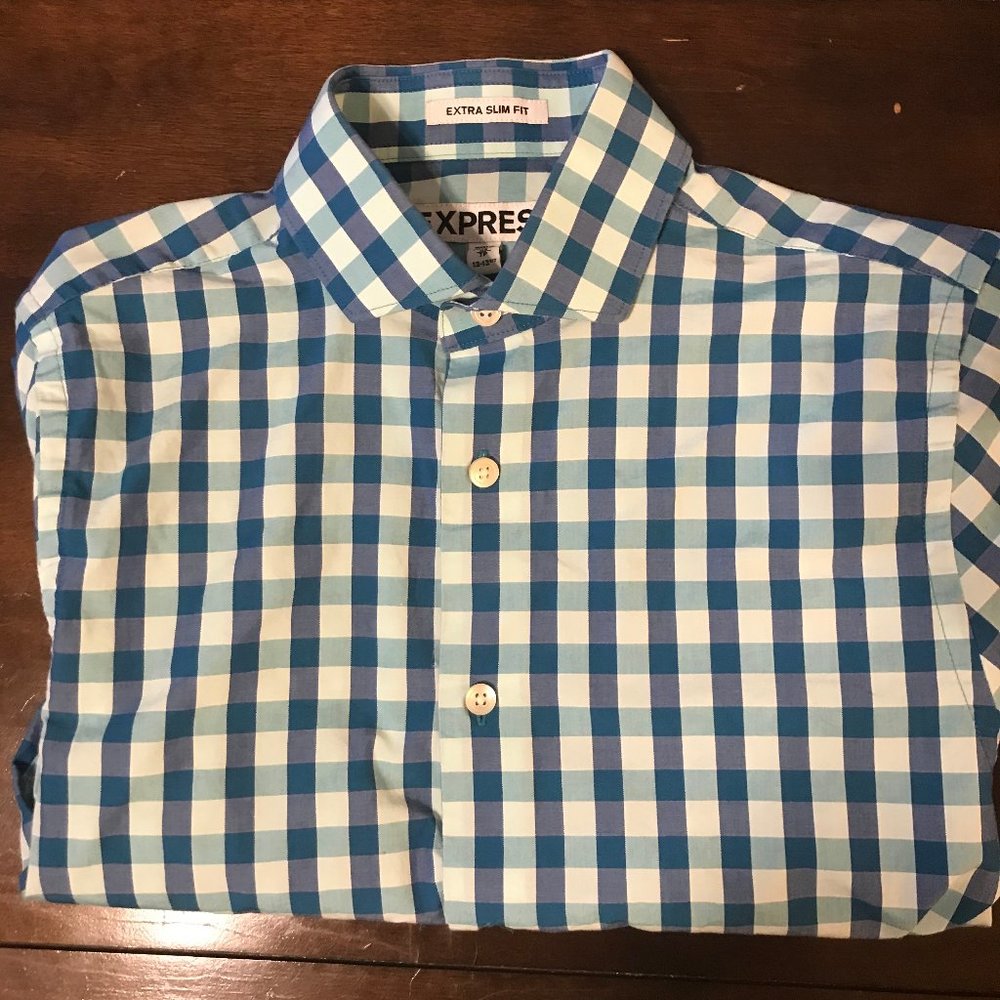 COPY - Mens Express Blue/ Green Plaid Fitted Button-up XS